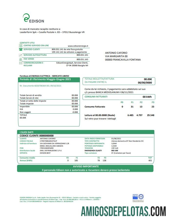 para download Modelo de conta de serviços públicos Edison da Itália em formato Word e PDF, bom para comprovação de endereço